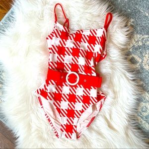 Solid and Striped Belted One Piece Swimsuit